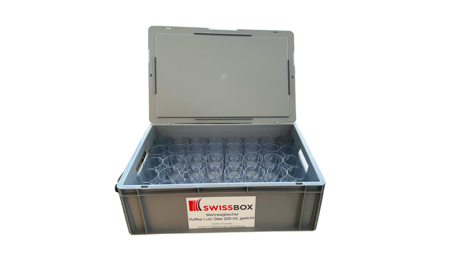 Kaffee Lutz Glas 200 ml, Mehrwegbecher, SAN, transparent, inkl. Transportbox